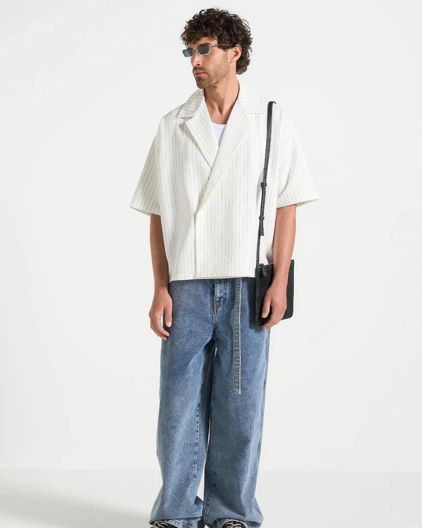 Double-breasted striped twill