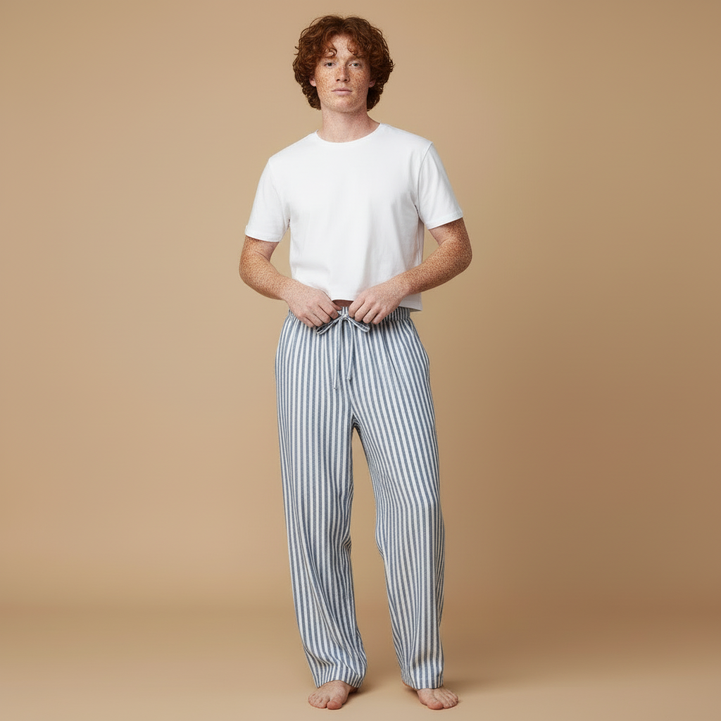 Man wearing a white t-shirt and striped pajama pants on a beige background