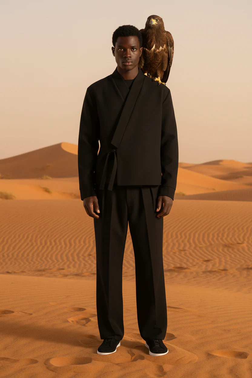 Man wearing a black suit and sunglasses on a white background